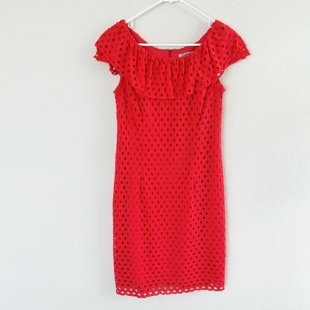 Dress Barn Eyelet Dress Size 6 Orange Coral Ruffle Collar Sheath Lined Tropical‎